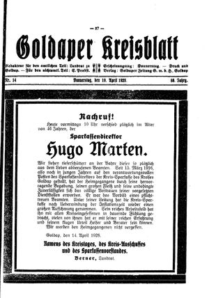 Goldaper Kreisblatt vom 19.04.1928