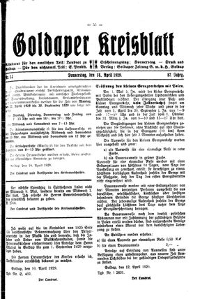 Goldaper Kreisblatt vom 18.04.1929