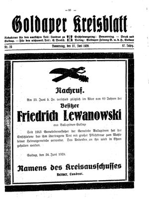 Goldaper Kreisblatt vom 27.06.1929