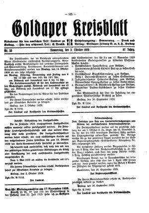 Goldaper Kreisblatt on Oct 3, 1929