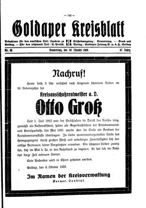 Goldaper Kreisblatt on Oct 10, 1929