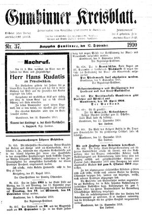 Gumbinner Kreisblatt vom 17.09.1910