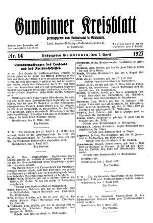 Gumbinner Kreisblatt vom 07.04.1927