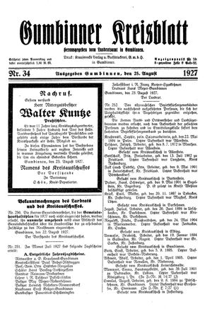 Gumbinner Kreisblatt vom 25.08.1927