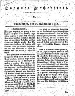 Sorauer Wochenblatt für Unterhaltung, Belehrung und Ereignisse der Gegenwart vom 13.09.1817
