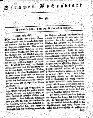Sorauer Wochenblatt für Unterhaltung, Belehrung und Ereignisse der Gegenwart vom 29.11.1817