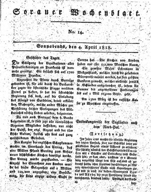 Sorauer Wochenblatt für Unterhaltung, Belehrung und Ereignisse der Gegenwart vom 04.04.1818