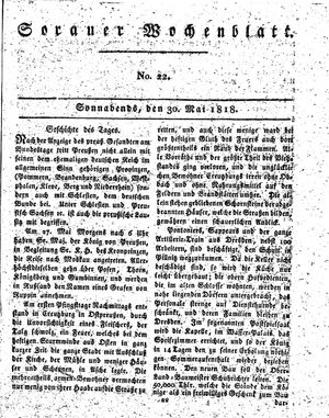 Sorauer Wochenblatt für Unterhaltung, Belehrung und Ereignisse der Gegenwart vom 30.05.1818