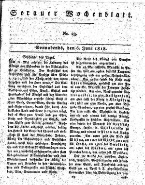 Sorauer Wochenblatt für Unterhaltung, Belehrung und Ereignisse der Gegenwart vom 06.06.1818