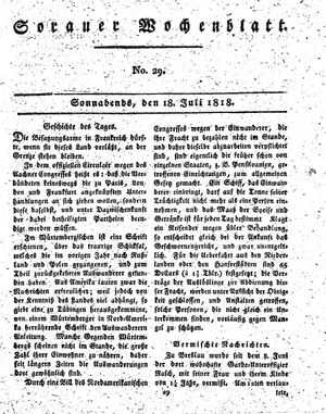 Sorauer Wochenblatt für Unterhaltung, Belehrung und Ereignisse der Gegenwart vom 18.07.1818