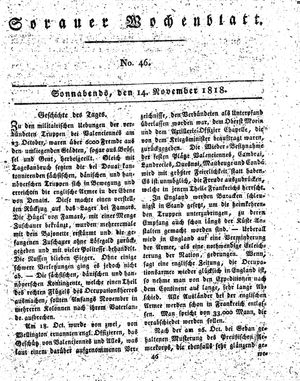 Sorauer Wochenblatt für Unterhaltung, Belehrung und Ereignisse der Gegenwart on Nov 14, 1818