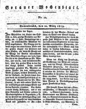 Sorauer Wochenblatt für Unterhaltung, Belehrung und Ereignisse der Gegenwart vom 20.03.1819