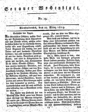 Sorauer Wochenblatt für Unterhaltung, Belehrung und Ereignisse der Gegenwart vom 27.03.1819