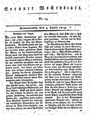 Sorauer Wochenblatt für Unterhaltung, Belehrung und Ereignisse der Gegenwart vom 03.04.1819