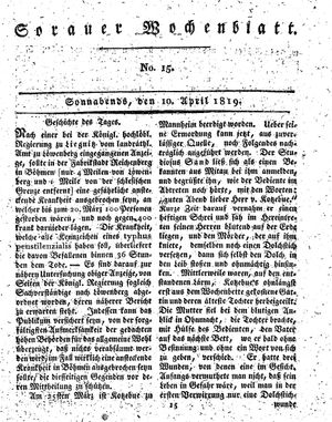 Sorauer Wochenblatt für Unterhaltung, Belehrung und Ereignisse der Gegenwart vom 10.04.1819