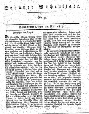 Sorauer Wochenblatt für Unterhaltung, Belehrung und Ereignisse der Gegenwart vom 22.05.1819