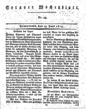 Sorauer Wochenblatt für Unterhaltung, Belehrung und Ereignisse der Gegenwart on Jun 19, 1819