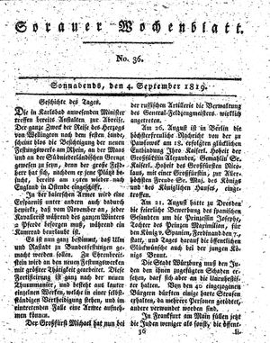 Sorauer Wochenblatt für Unterhaltung, Belehrung und Ereignisse der Gegenwart on Sep 4, 1819