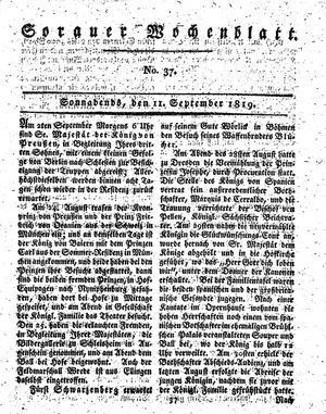 Sorauer Wochenblatt für Unterhaltung, Belehrung und Ereignisse der Gegenwart vom 11.09.1819