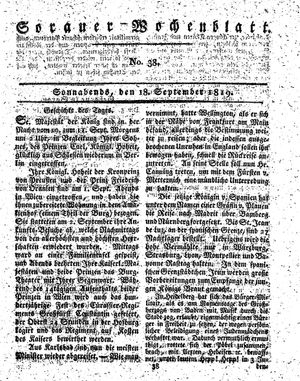 Sorauer Wochenblatt für Unterhaltung, Belehrung und Ereignisse der Gegenwart vom 18.09.1819