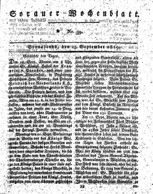 Sorauer Wochenblatt für Unterhaltung, Belehrung und Ereignisse der Gegenwart on Sep 25, 1819
