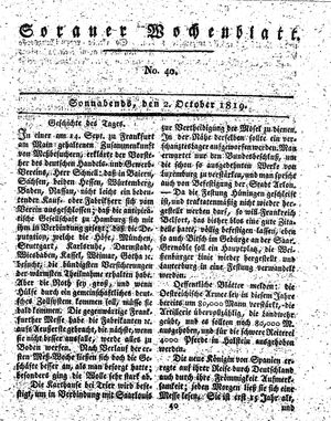 Sorauer Wochenblatt für Unterhaltung, Belehrung und Ereignisse der Gegenwart vom 02.10.1819