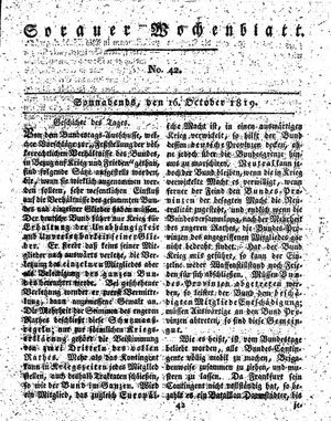 Sorauer Wochenblatt für Unterhaltung, Belehrung und Ereignisse der Gegenwart vom 16.10.1819