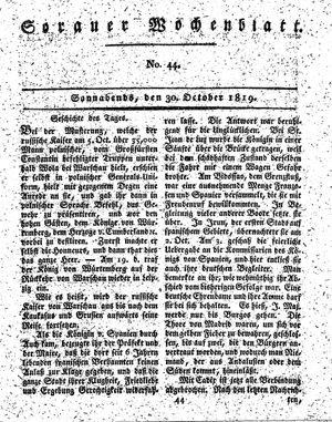 Sorauer Wochenblatt für Unterhaltung, Belehrung und Ereignisse der Gegenwart vom 30.10.1819