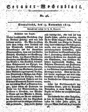 Sorauer Wochenblatt für Unterhaltung, Belehrung und Ereignisse der Gegenwart vom 13.11.1819