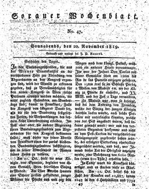 Sorauer Wochenblatt für Unterhaltung, Belehrung und Ereignisse der Gegenwart vom 20.11.1819
