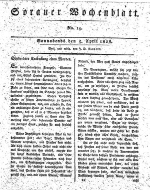 Sorauer Wochenblatt für Unterhaltung, Belehrung und Ereignisse der Gegenwart on Apr 5, 1828