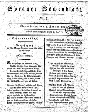 Sorauer Wochenblatt für Unterhaltung, Belehrung und Ereignisse der Gegenwart vom 03.01.1829