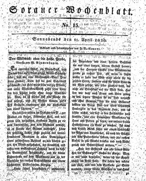 Sorauer Wochenblatt für Unterhaltung, Belehrung und Ereignisse der Gegenwart vom 11.04.1829