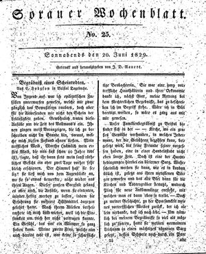 Sorauer Wochenblatt für Unterhaltung, Belehrung und Ereignisse der Gegenwart vom 20.06.1829