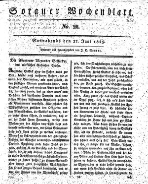 Sorauer Wochenblatt für Unterhaltung, Belehrung und Ereignisse der Gegenwart vom 27.06.1829