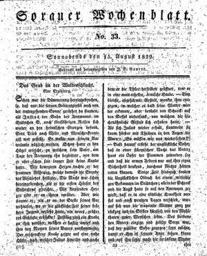 Sorauer Wochenblatt für Unterhaltung, Belehrung und Ereignisse der Gegenwart vom 15.08.1829