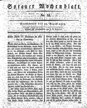 Sorauer Wochenblatt für Unterhaltung, Belehrung und Ereignisse der Gegenwart vom 29.08.1829