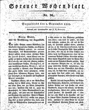Sorauer Wochenblatt für Unterhaltung, Belehrung und Ereignisse der Gegenwart vom 05.09.1829