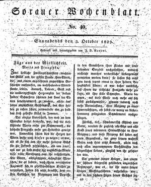 Sorauer Wochenblatt für Unterhaltung, Belehrung und Ereignisse der Gegenwart vom 03.10.1829