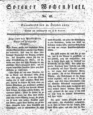 Sorauer Wochenblatt für Unterhaltung, Belehrung und Ereignisse der Gegenwart vom 10.10.1829