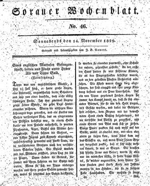 Sorauer Wochenblatt für Unterhaltung, Belehrung und Ereignisse der Gegenwart on Nov 14, 1829