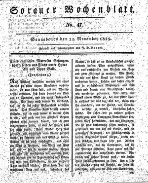 Sorauer Wochenblatt für Unterhaltung, Belehrung und Ereignisse der Gegenwart vom 21.11.1829
