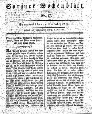 Sorauer Wochenblatt für Unterhaltung, Belehrung und Ereignisse der Gegenwart vom 21.11.1829