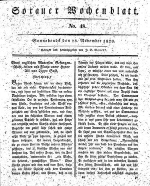 Sorauer Wochenblatt für Unterhaltung, Belehrung und Ereignisse der Gegenwart vom 28.11.1829