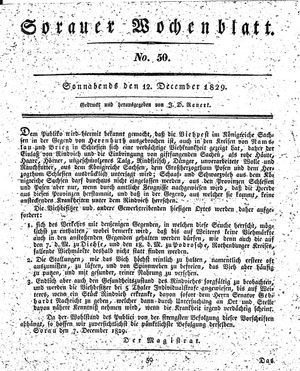 Sorauer Wochenblatt für Unterhaltung, Belehrung und Ereignisse der Gegenwart vom 12.12.1829