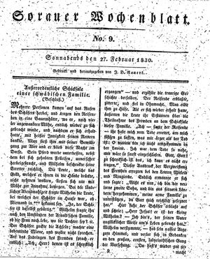 Sorauer Wochenblatt für Unterhaltung, Belehrung und Ereignisse der Gegenwart vom 27.02.1830