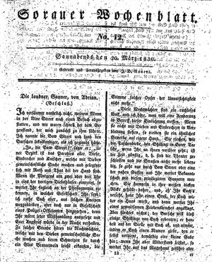 Sorauer Wochenblatt für Unterhaltung, Belehrung und Ereignisse der Gegenwart vom 20.03.1830