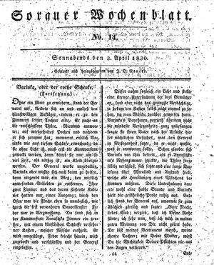 Sorauer Wochenblatt für Unterhaltung, Belehrung und Ereignisse der Gegenwart vom 03.04.1830