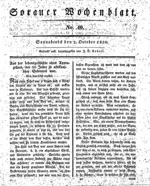 Sorauer Wochenblatt für Unterhaltung, Belehrung und Ereignisse der Gegenwart vom 02.10.1830