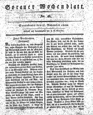 Sorauer Wochenblatt für Unterhaltung, Belehrung und Ereignisse der Gegenwart vom 27.11.1830